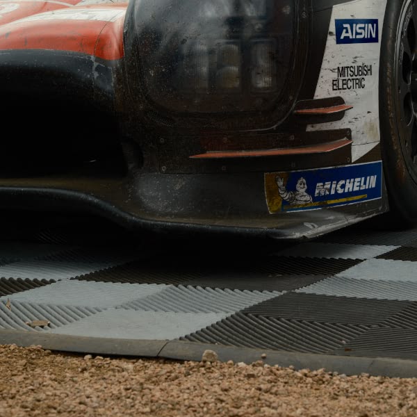 A car with a checkered floor.
