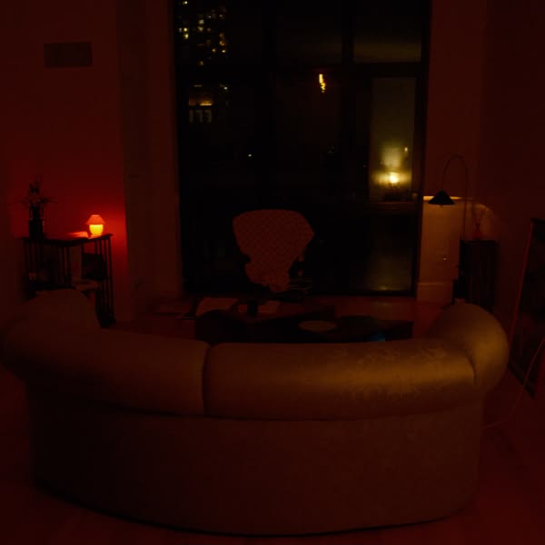 A white couch in a living room.