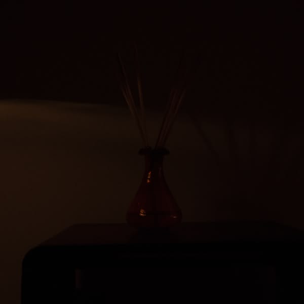 A red vase with a scent in it.