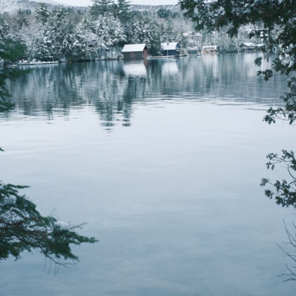 A lake with snow on the trees.