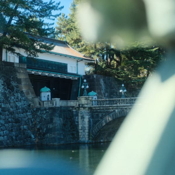 A statue of a person standing in front of a bridge.