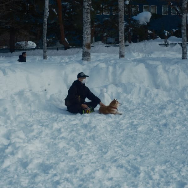 A man sitting in the snow with a dog.