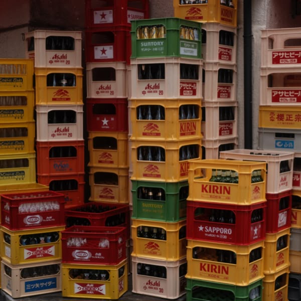 Stacks of beer bottles in a warehouse.