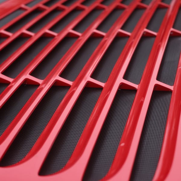 A red grill with a black mesh.