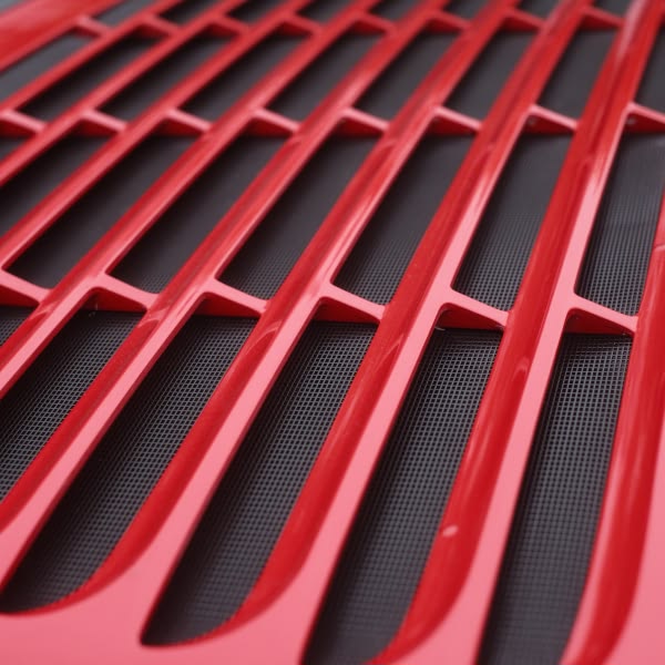 A red grill with a black mesh.