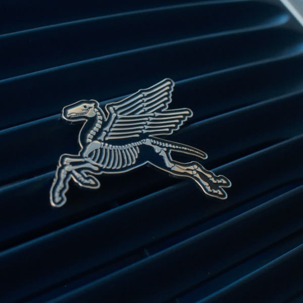 A silver dragon on a blue background.